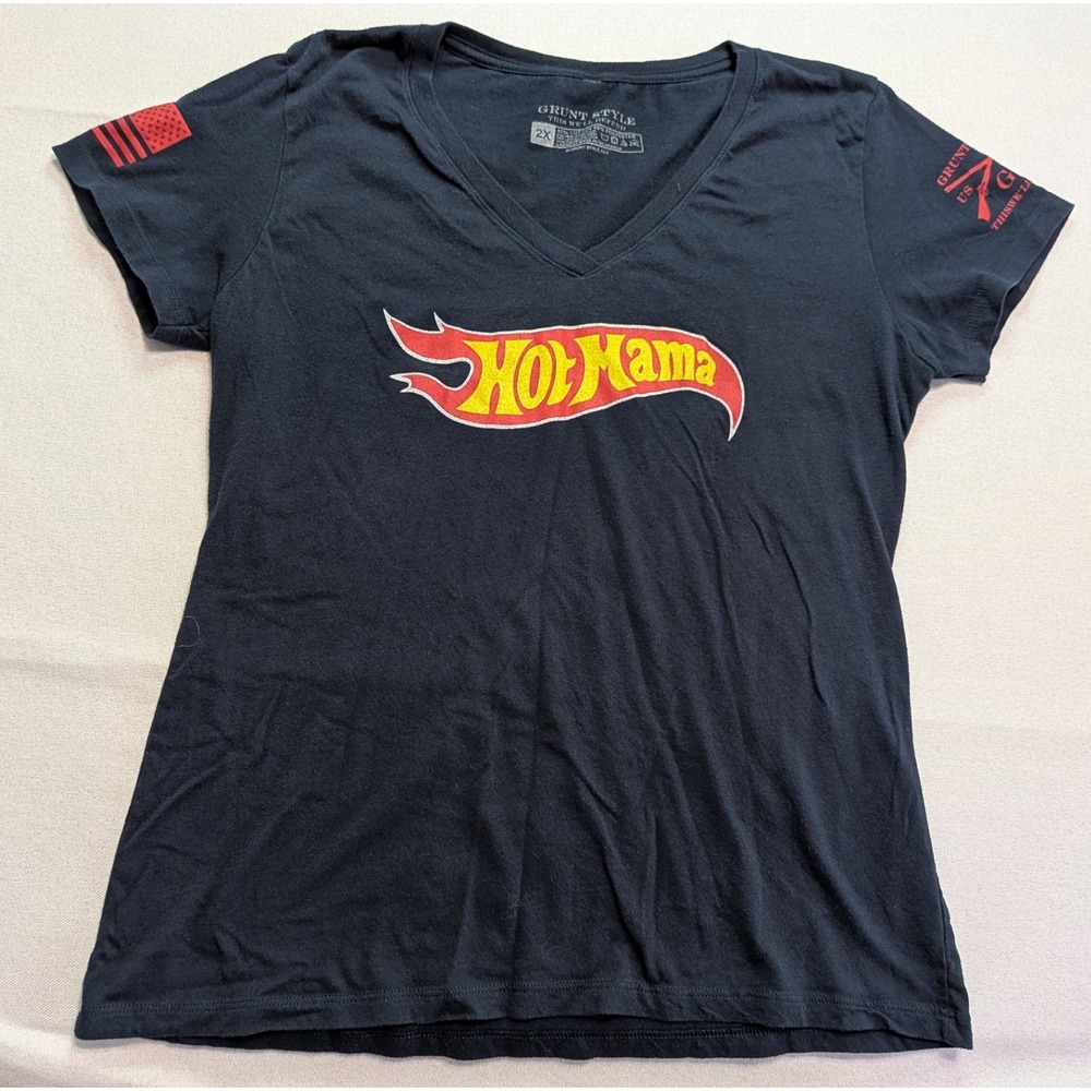 Grunt Style Hot Mama Graphic T-Shirt Womens 2XL Black Excellent V-Neck Tee